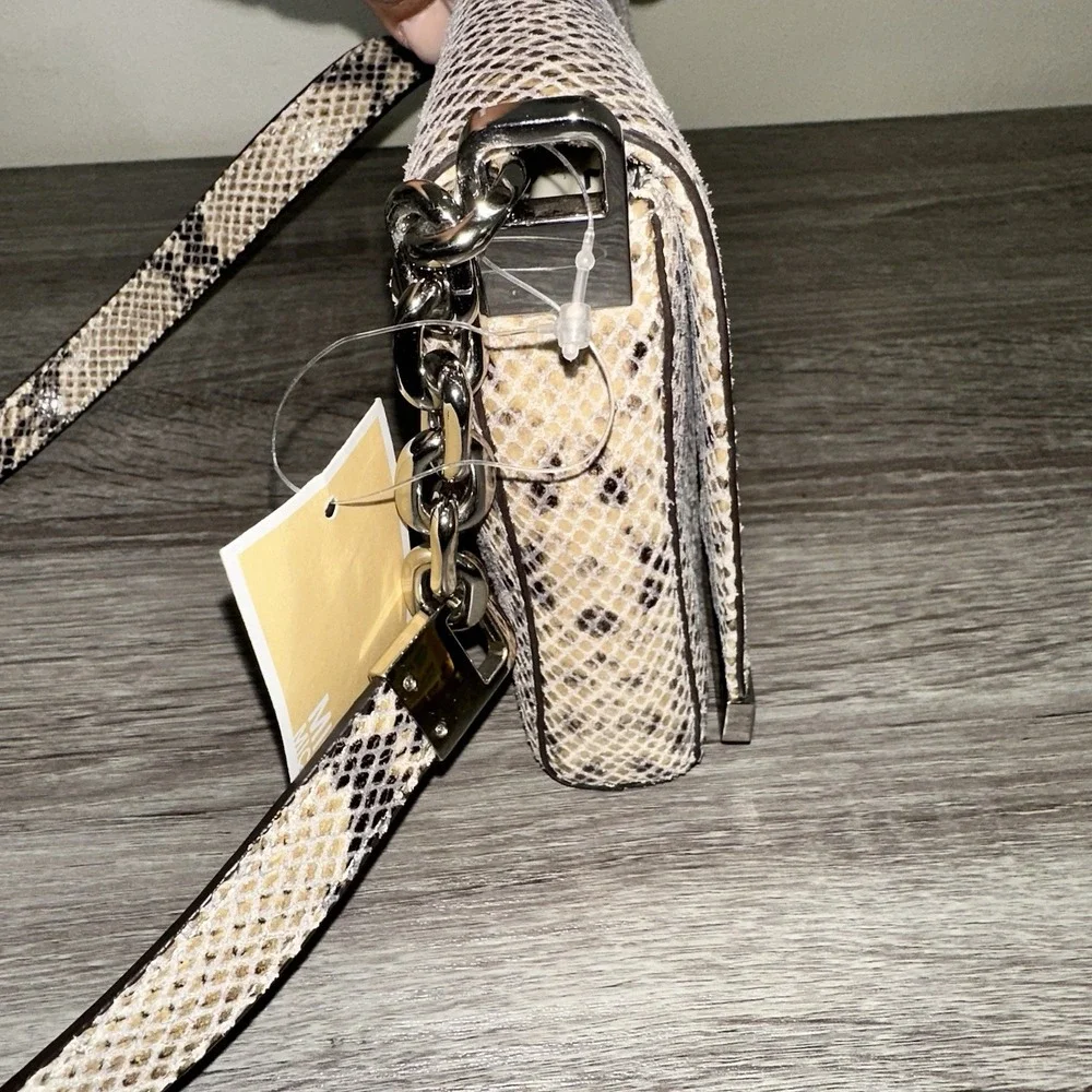 Michael Kors Julian Snake Print Leather Dark‎ Sand Shoulder Flap Brand New
